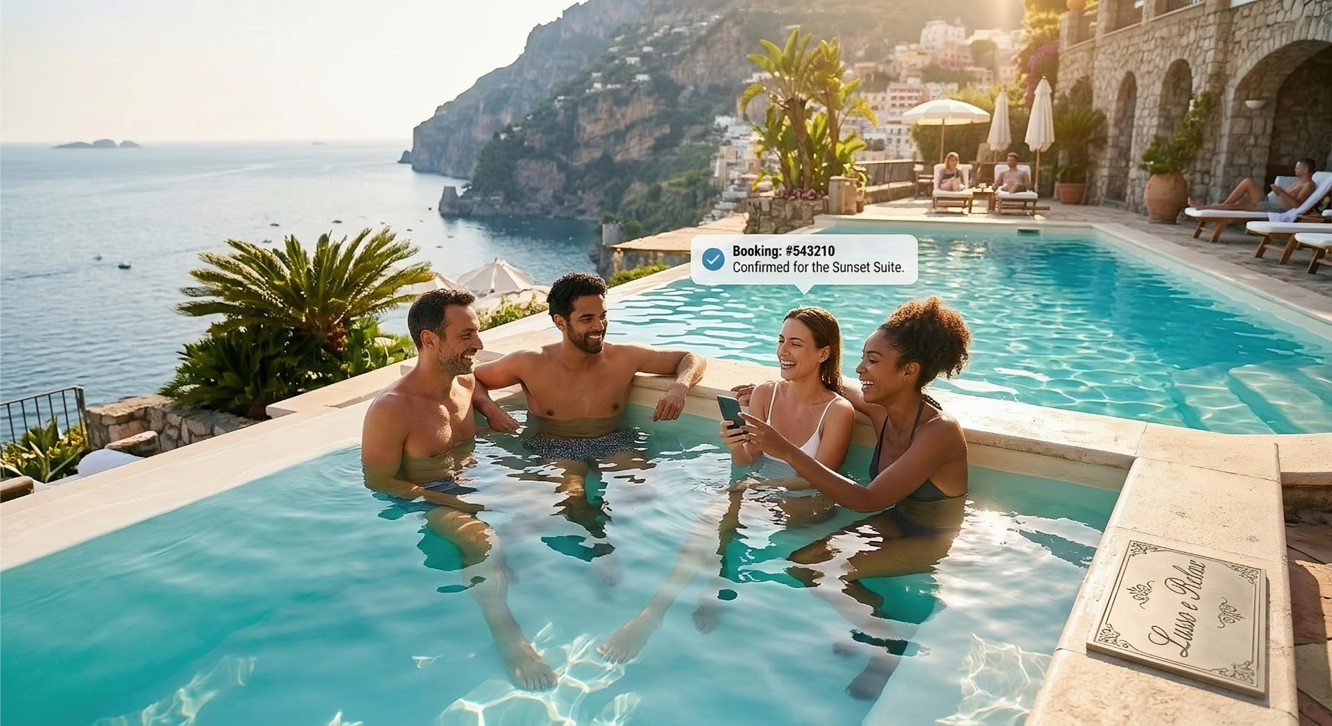 Persone prenotano esperieza in piscina con vista sulla scogliera